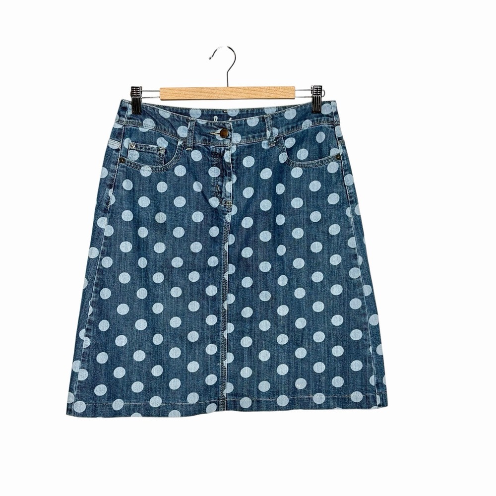 Boden Polka Dot Denim Skirt Womens US 8 Dark Jean Twee A-Line Nautical Preppy